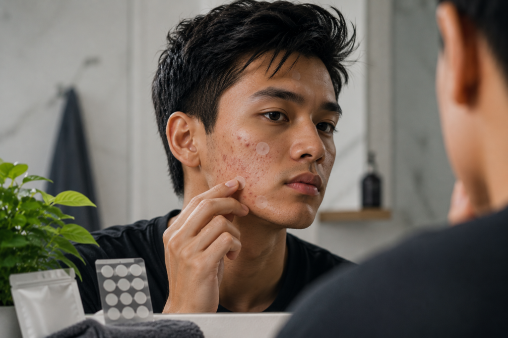 Man applying acne patches to treat facial pimples and breakouts
