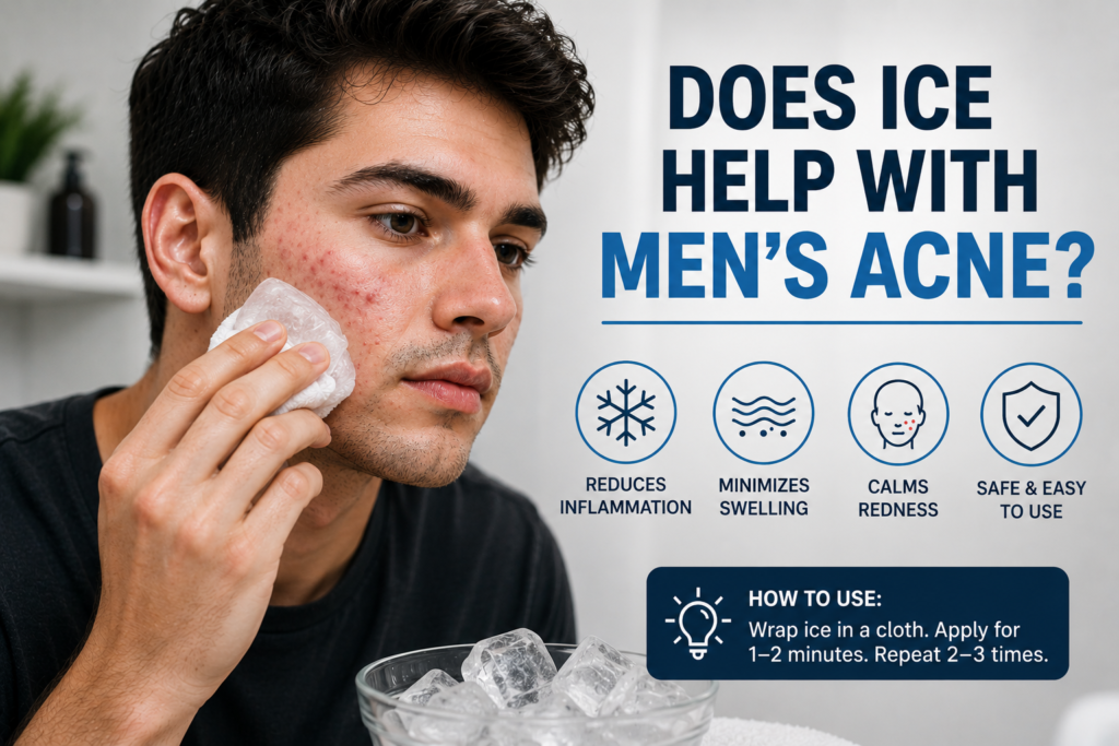 Does Ice Help With Men's Acne? Benefits, Best Practices, and What to Pair It With Man using ice on acne-prone skin to reduce inflammation