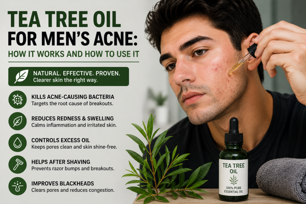 Tea Tree Oil for Men's Acne: How It Works and How to Use It Man applying tea tree oil to acne-prone skin with a dropper