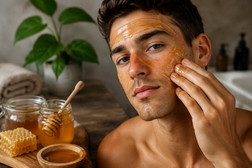 Does a Honey Mask Work for Male Acne? Man applying a raw honey face mask for acne treatment