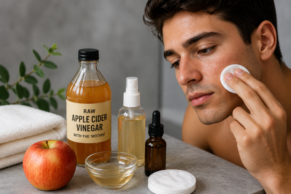 Apple Cider Vinegar for Men's Acne: How to Use It Without Damaging Your Skin Man using apple cider vinegar toner for acne-prone skin