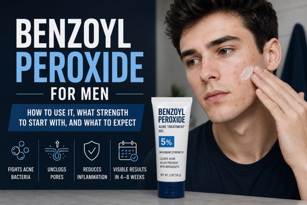 Benzoyl Peroxide for Men: How to Use It, What Strength to Start With, and What to Expect Man applying benzoyl peroxide on face to reduce breakouts and inflammation