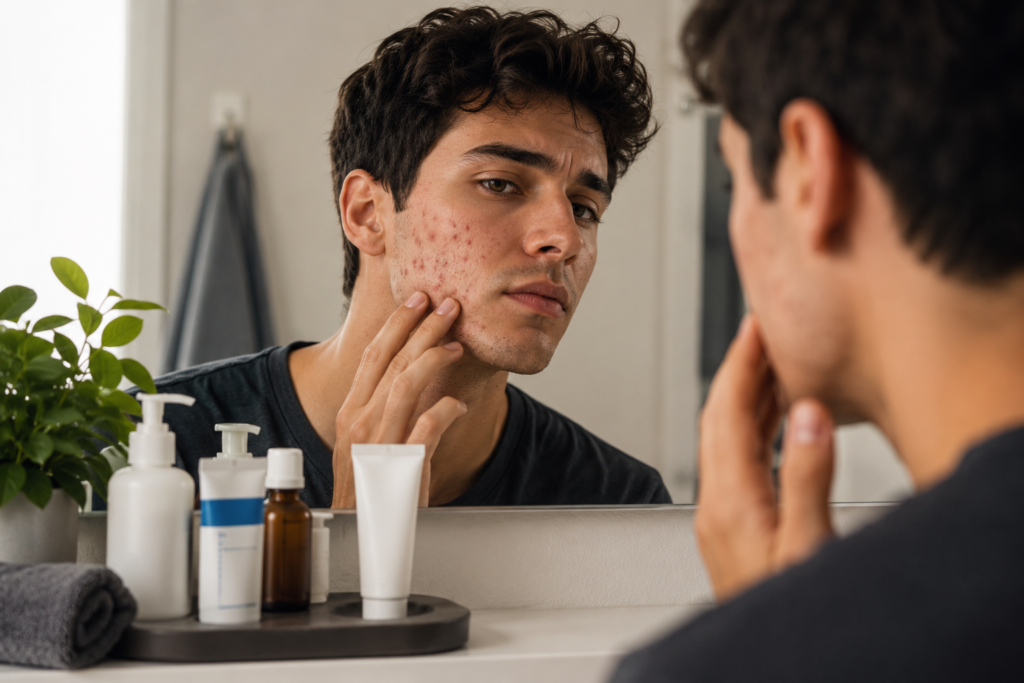 Man examining acne-prone skin while following an OTC acne treatment routine