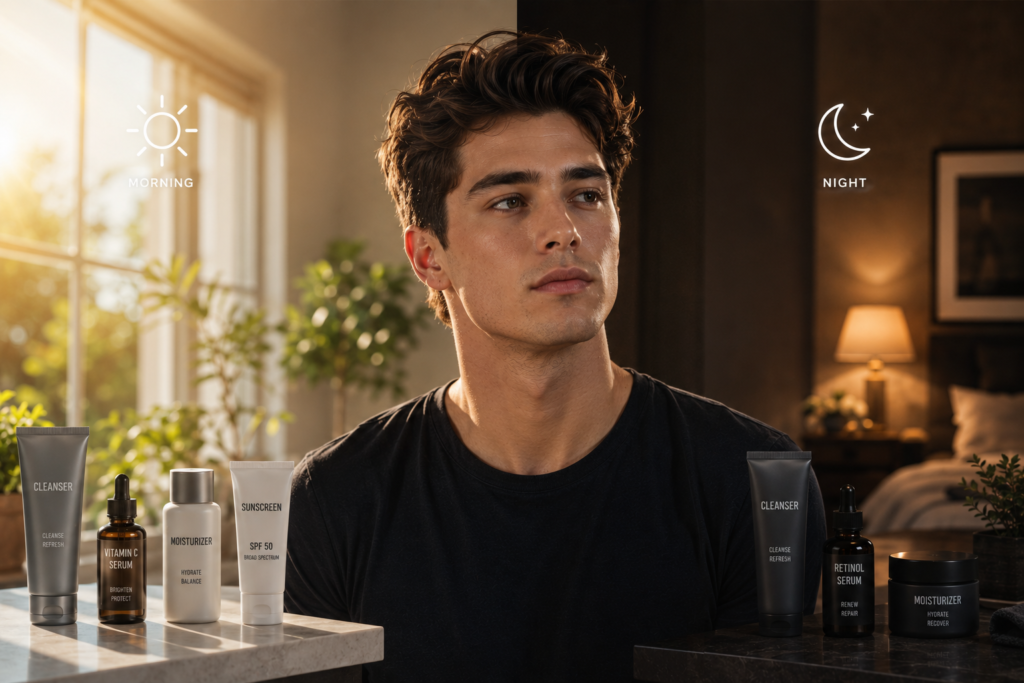 The Daily Face Care Routine for Men: A Complete Morning and Night Guide Daily face care routine for men showing a complete morning and night skincare routine with cleanser, moisturizer, sunscreen, and nighttime treatments.