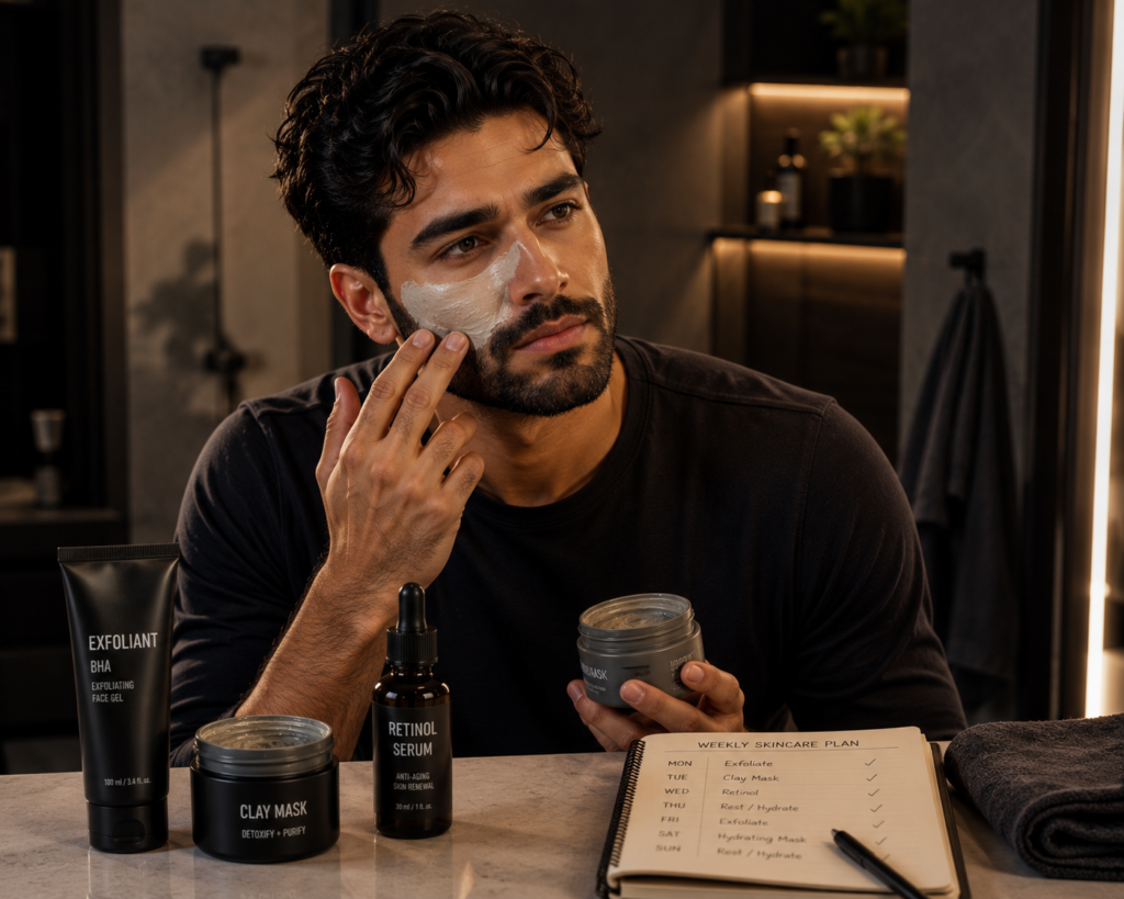 Weekly Skincare Routine for Men: A Simple 7-Day Plan Weekly skincare routine for men featuring exfoliation, face masks, and targeted treatments.