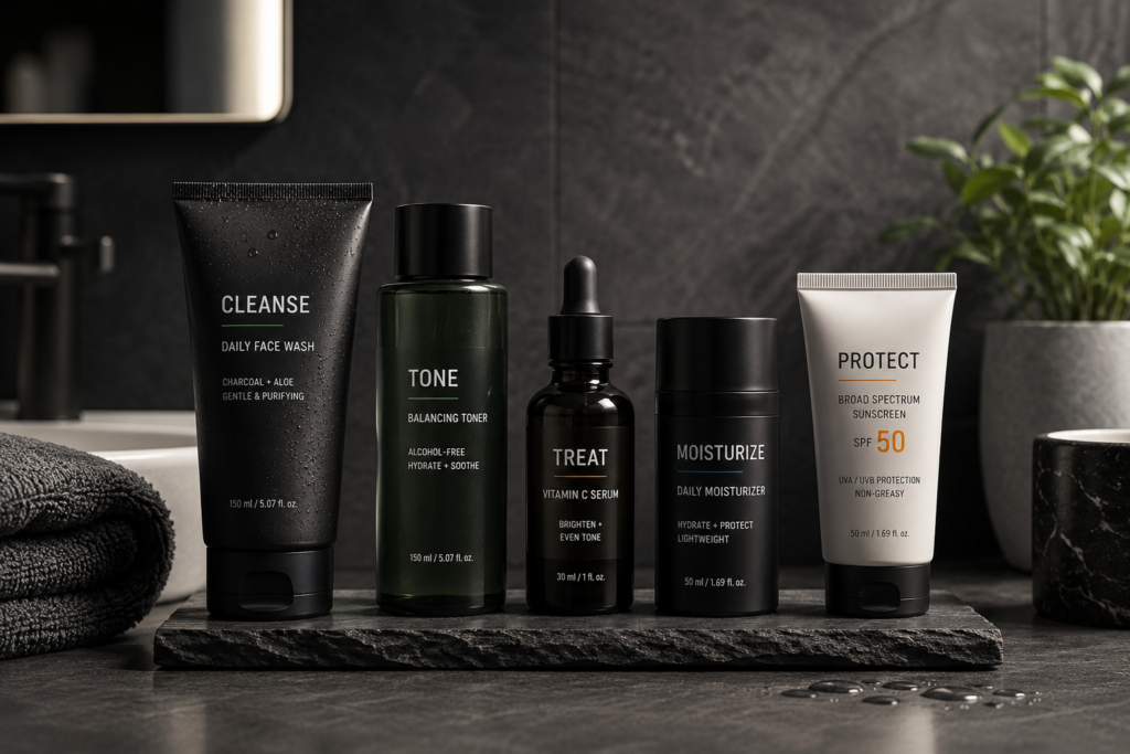 The 5-Step Skincare Routine for Men: A Simple Daily Guide Premium men's skincare products including cleanser, toner, serum, moisturizer, and sunscreen arranged on a modern bathroom countertop.
