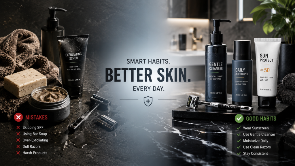 Men's Skincare Mistakes to Avoid and How to Fix Them Men's skincare mistakes versus proper skincare routine with cleanser, moisturizer, and sunscreen.
