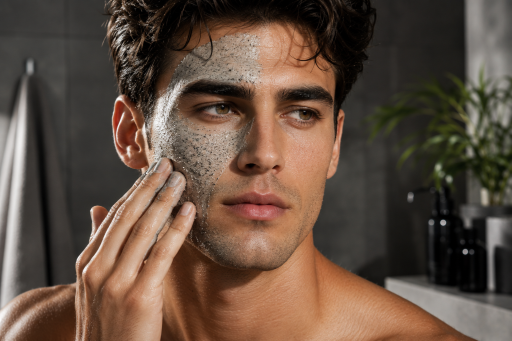 Complete Exfoliation Routine for Men For Smoother, Clearer, & Healthier Skin Handsome man applying a facial mask as part of an exfoliation skincare routine.