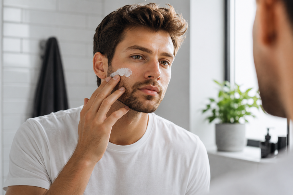 Morning Skincare Routine for Men: Simple Step-by-Step Guide Man applying moisturizer as part of a morning skincare routine for men