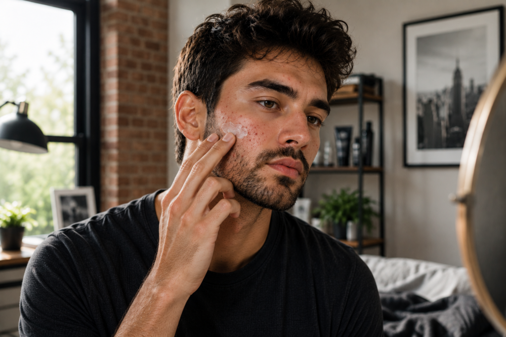 Best Acne-Prone Skincare Routine for Men: How to Clear and Prevent Breakouts Man with acne applying skincare during an acne-prone skincare routine