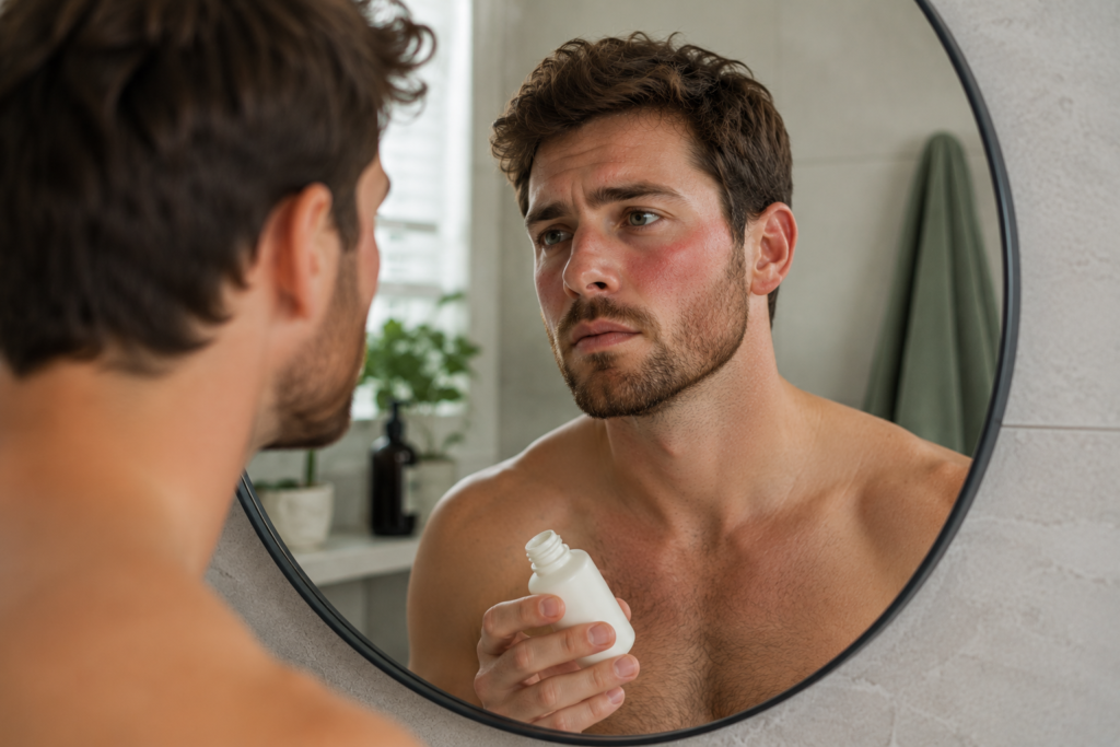 Man with sensitive skin and facial redness looking in a bathroom mirror while holding a skincare bottle