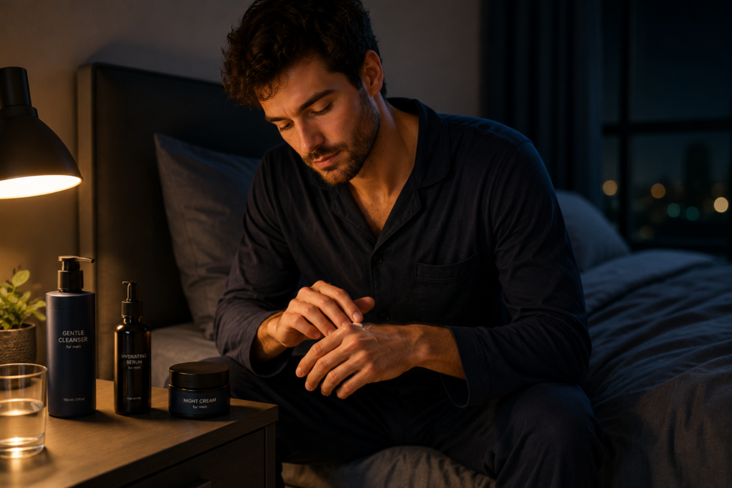 Step-by-Step Night Skincare Routine for Men Man applying night cream beside skincare products in bedroom