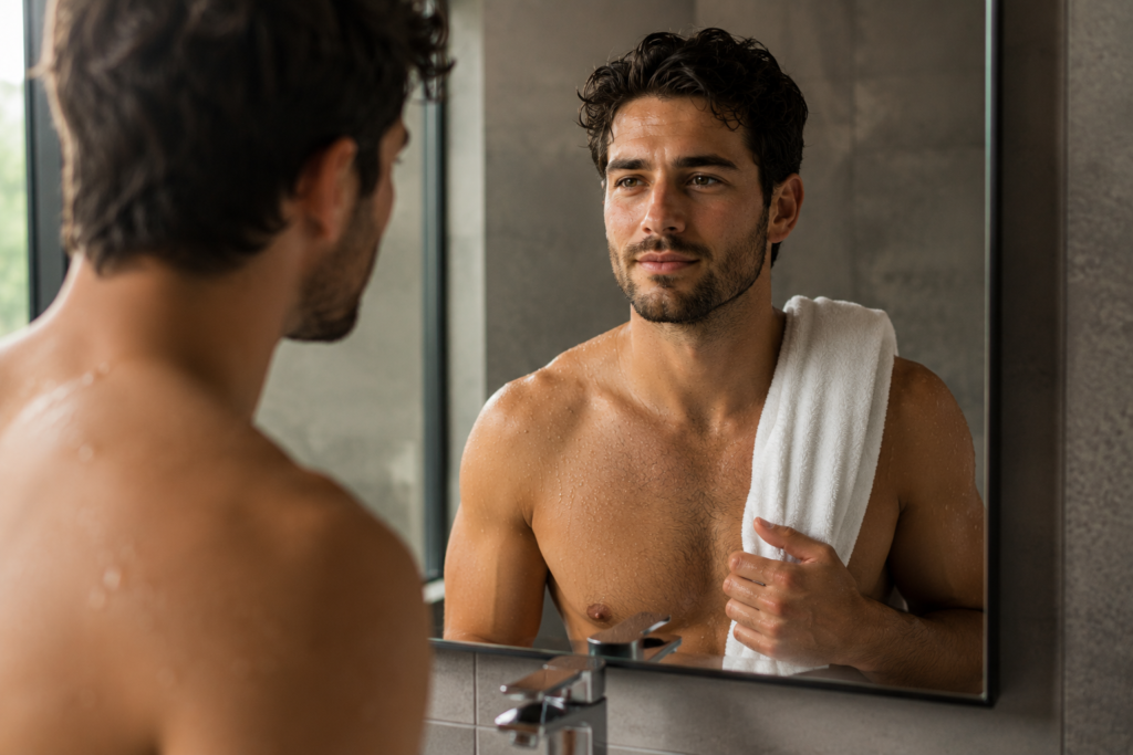 How Often Should Men Wash Their Face? Man in a modern bathroom holding a white towel after washing his face