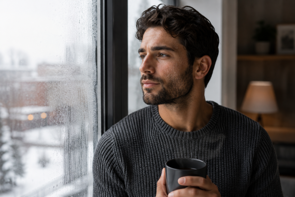 Man with dry skin standing by a window holding a mug in a winter setting
