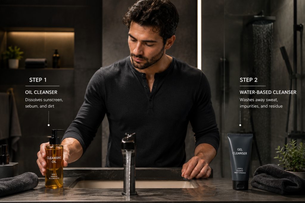 Double Cleansing Method for Men: A Complete How-To Guide Man using the double cleansing method for men in a modern bathroom